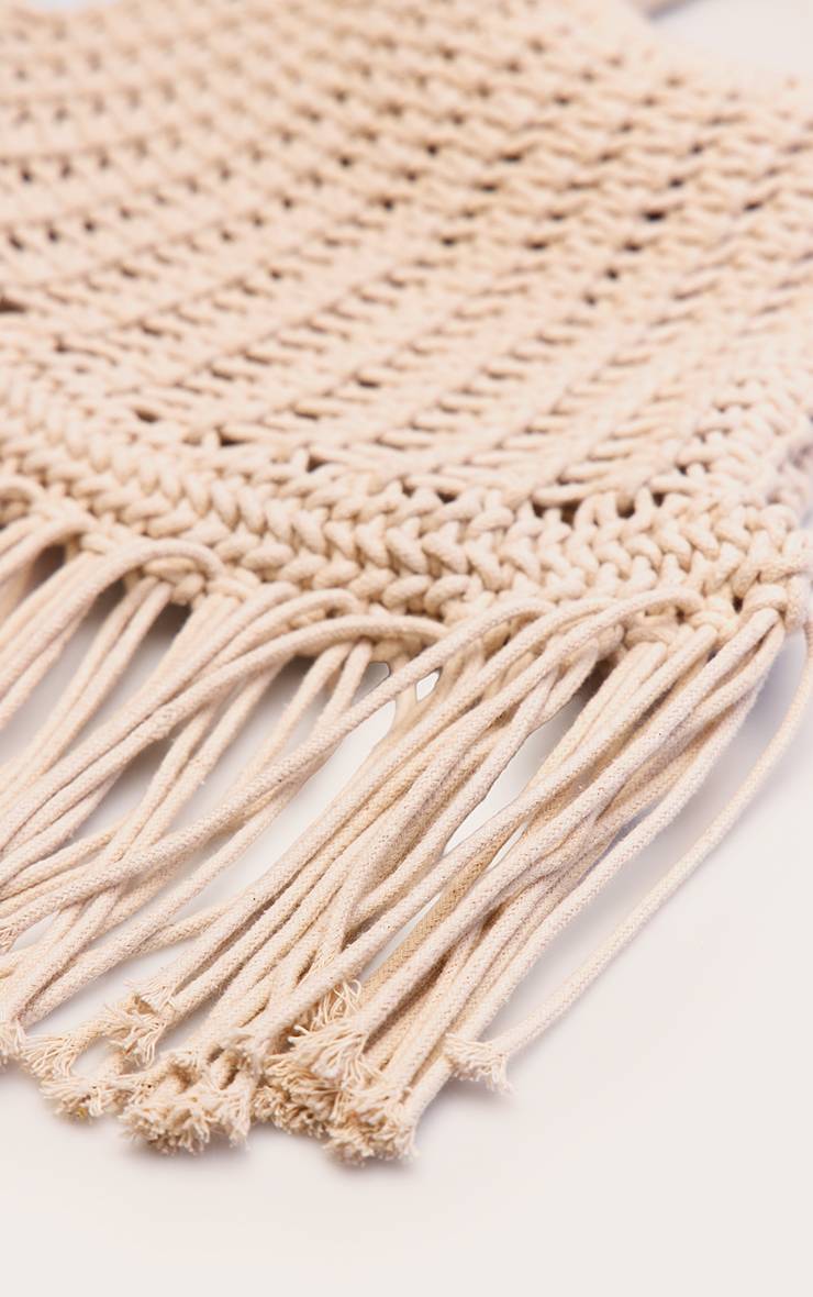 Crème Sac À Main En Macramé À Pompon Avec Poignée En Bois