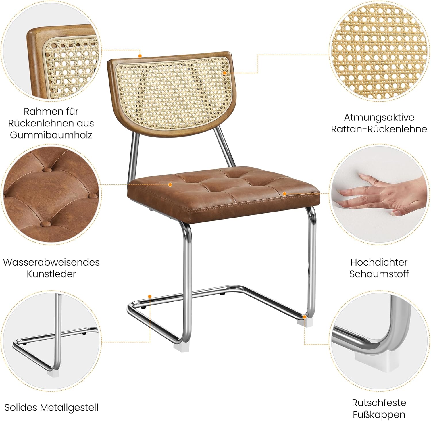 Yaheetech Küchenstuhl 2er Set Esszimmerstühle Rückenlehne aus Rattan Schwingstuhl aus Kunstleder Polsterstuhl fürs Esszimmer/Küche/Wohnzimmer/Restaurant, Retro-Braun