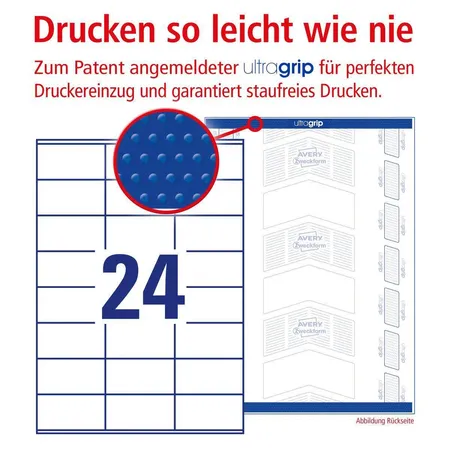Avery Zweckform 3664 Universal-Etiketten,A4 mit ultragrip,Adressaufkleber 70 x 33,8 mm, 100 Bogen/2.400 Etiketten, weiß