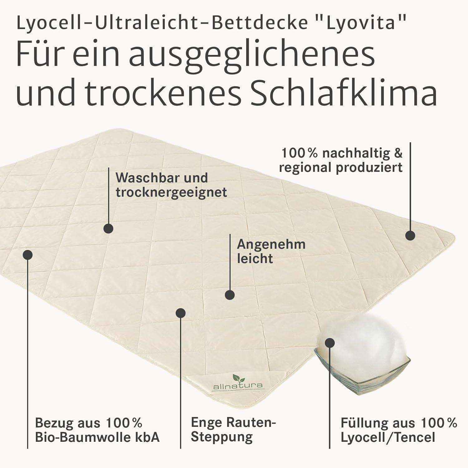 allnatura Lyovita Lyocell leicht-Bettdecke 135x200 cm – atmungsaktive Bettdecke für milde Nächte – Feuchtigkeitsregulierende Steppdecke 100% Lyocell/Tencel – Allergikerfreundlich & waschbar