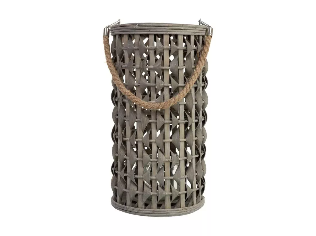 Lanterne en bambou et bois avec bougeoir en verre