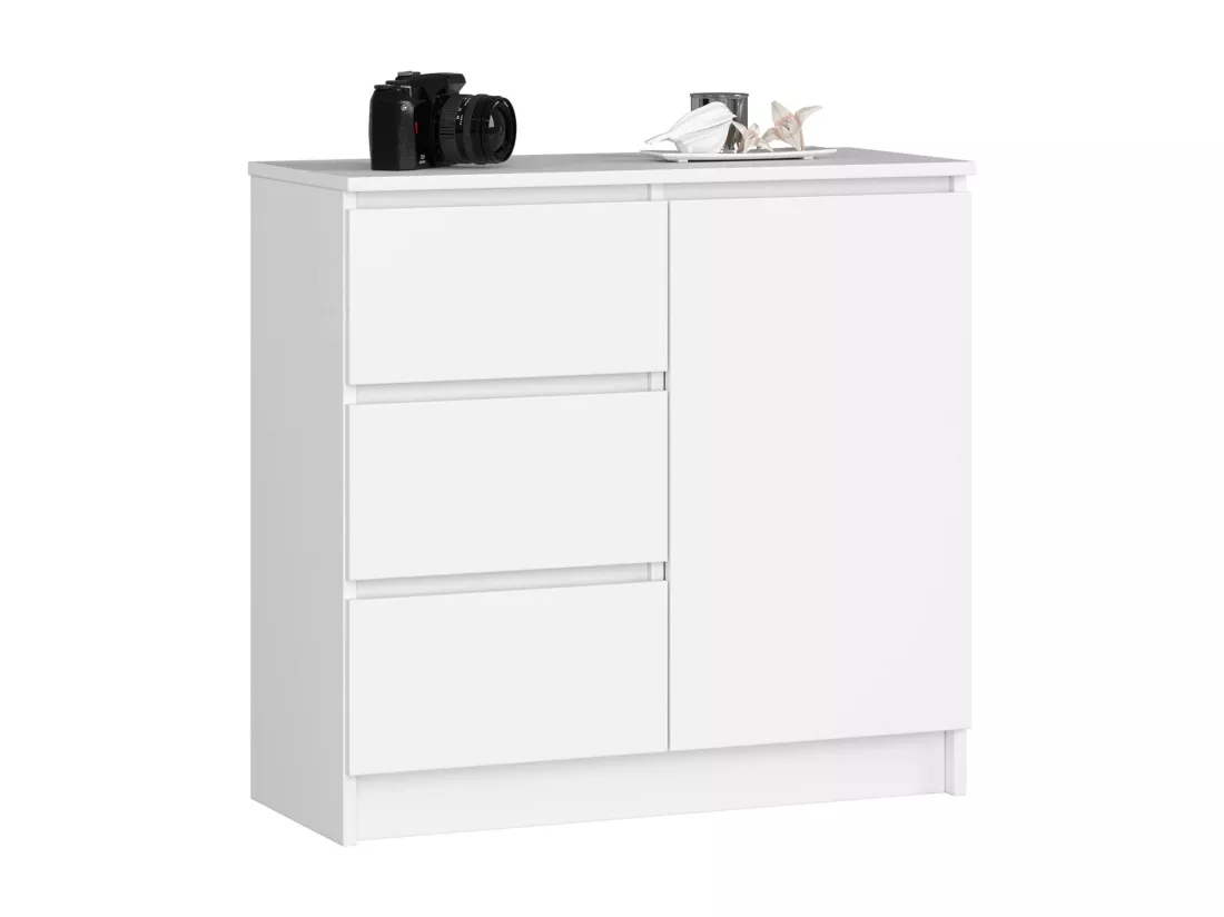 Commode AKORD JERRY Blanche 80 cm 1 porte 3 tiroirs façade Blanche 2 étagères 80x35x77 cm