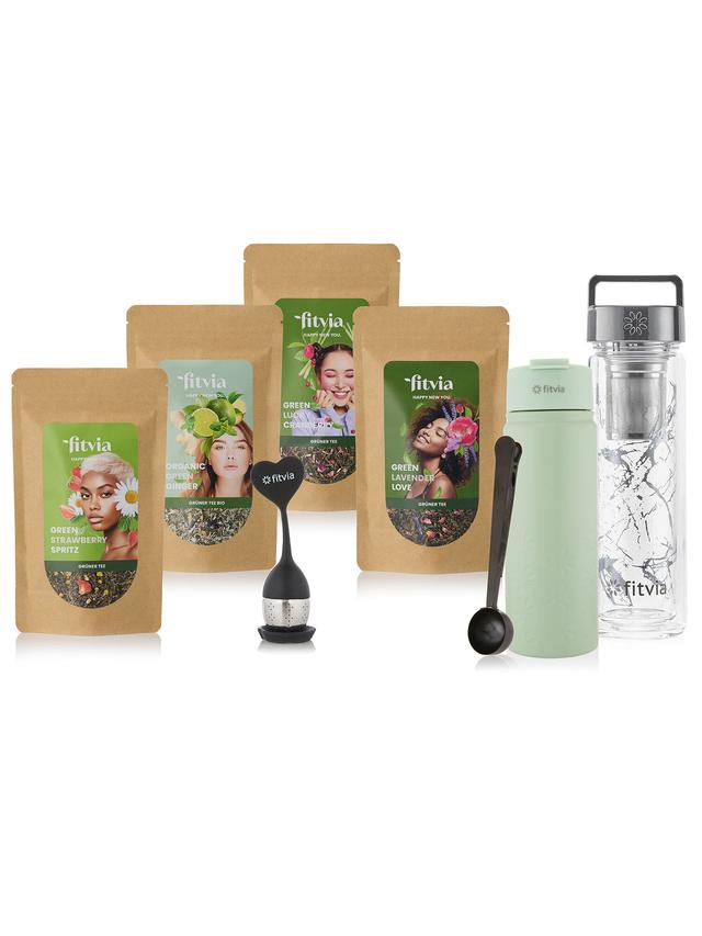 Grüner Tee Set mit 4 verschiedenen Teesorten, 2 Flaschen, Tee-Ei & Teelöffel, 8-teilig