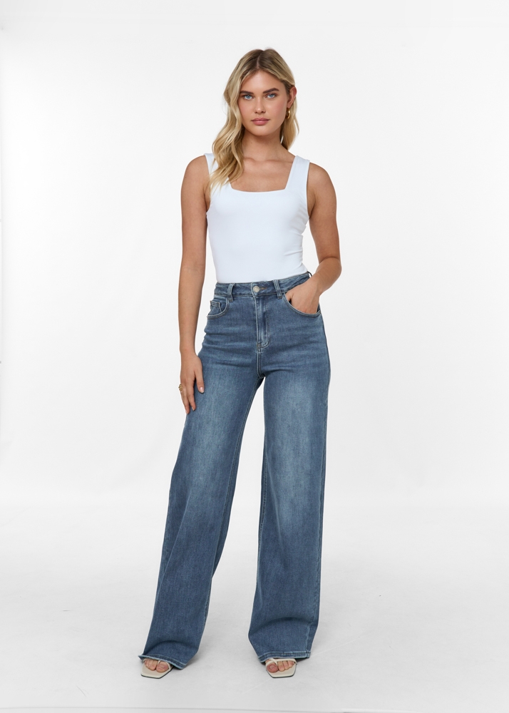 Wide leg stretch jeans navy blauw