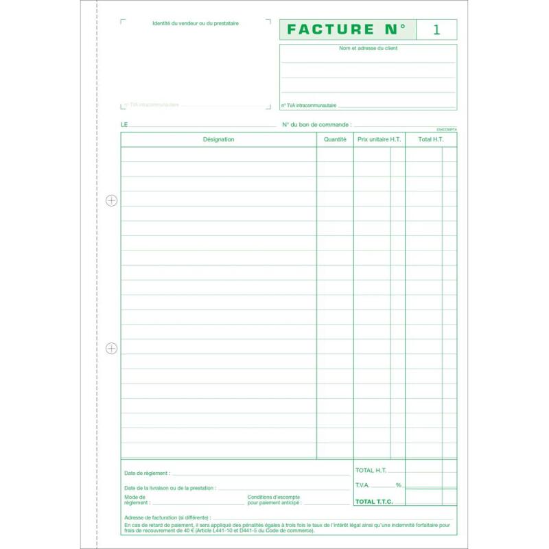 Manifold Factures avec mention TVA 29,7x21cm 50 feuillets tripli autocopiants