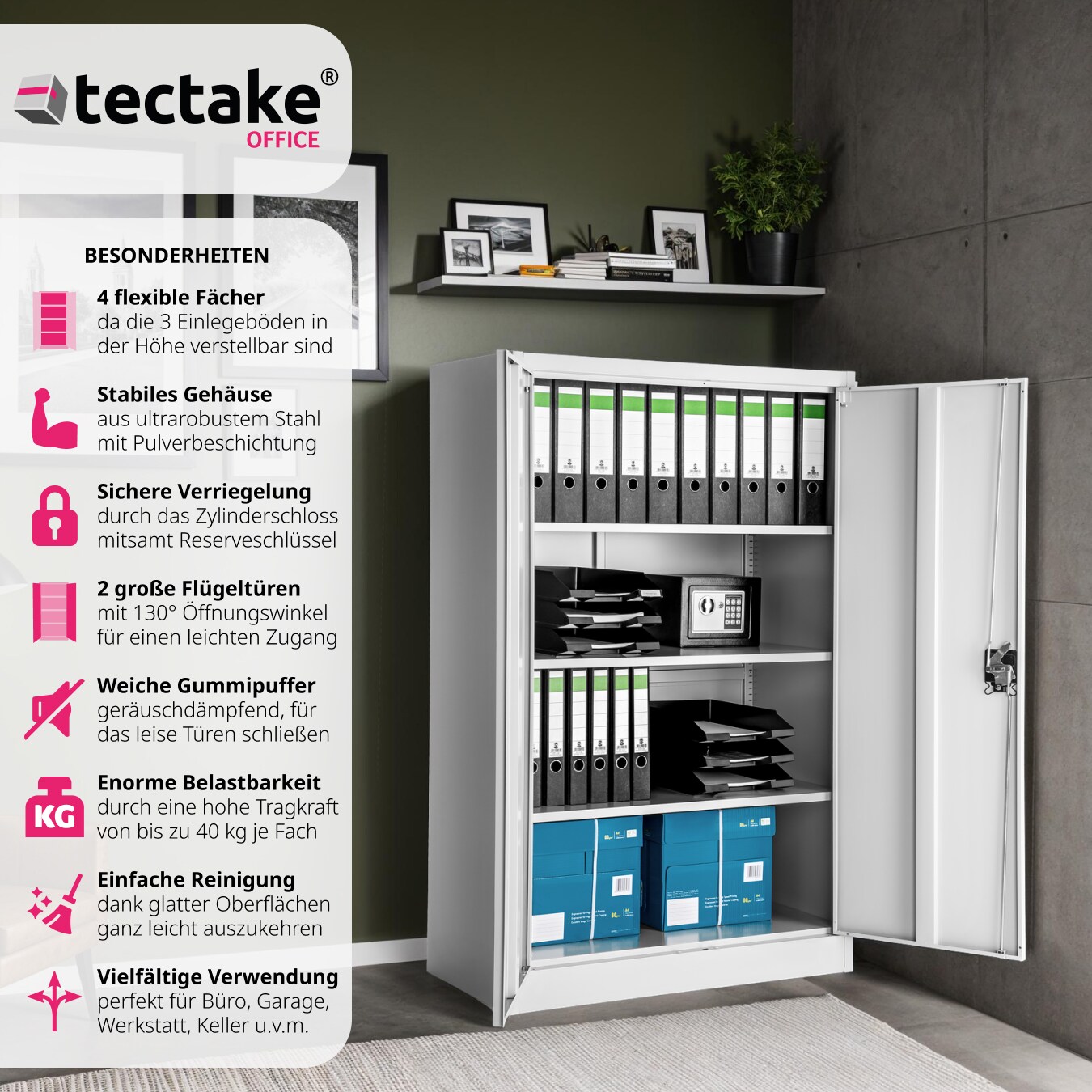 tectake® Aktenschrank, aus pulverbeschichtetem Stahl, 3 höhenverstellbare Einlegeböden, 140 x 90 x 40 cm