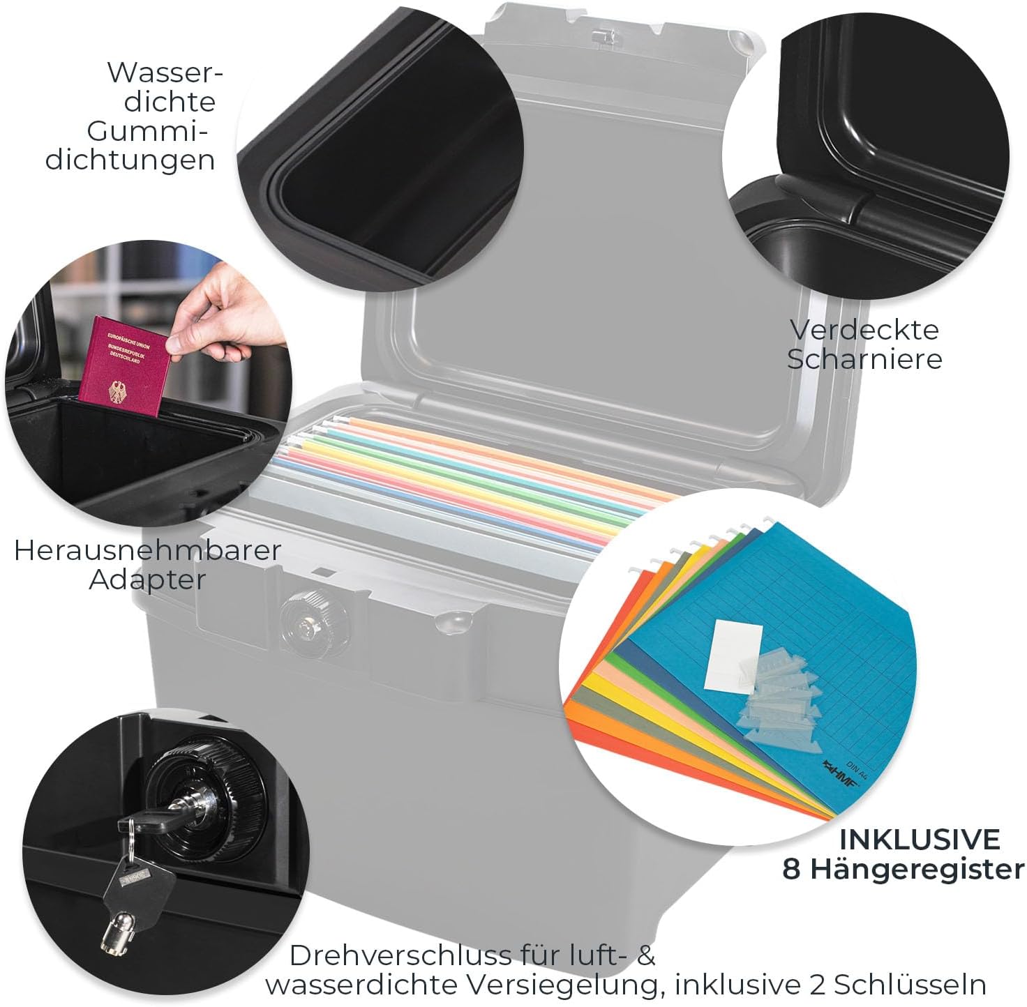 HMF 250453 Feuerfeste Wasserdichte Dokumentenbox | DIN A4 | Hängeregister | schwarz