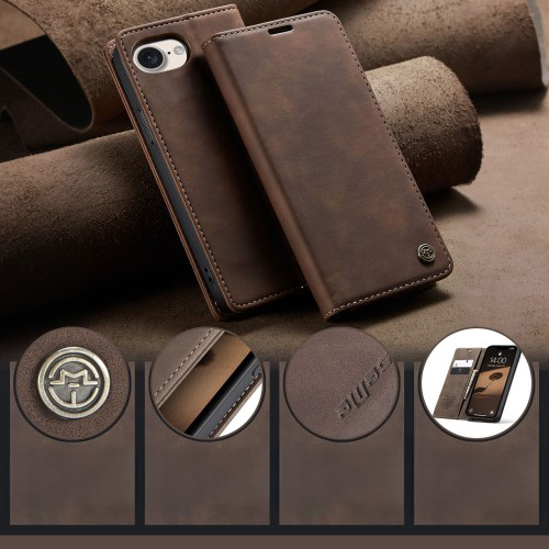 iPhone 16e Leder Tasche Flip Wallet Etui mit Kartenfächern - Dunkelbraun