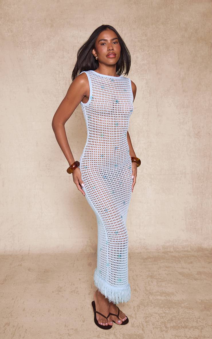 Bleu Robe Maxi Moulante En Maille À Sequins Avec Ourlet À Franges