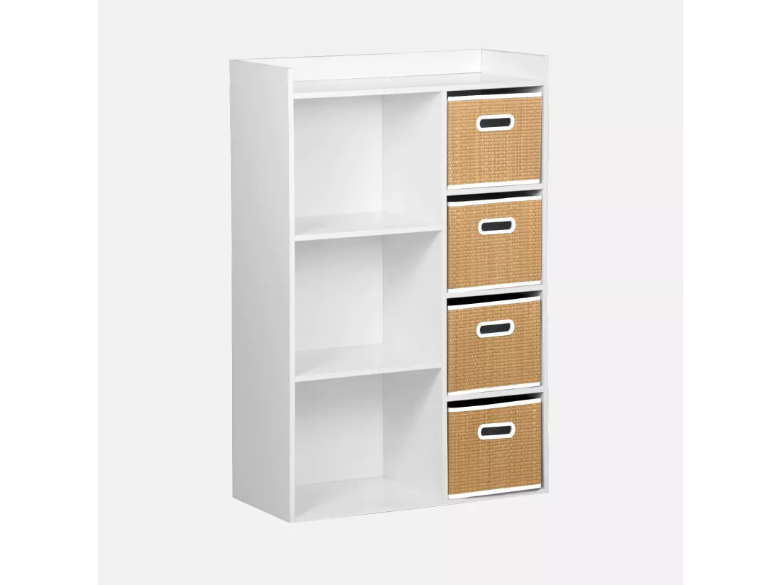 Meuble de rangement pour enfant avec 7 compartiments et 4 paniers fibre naturelle