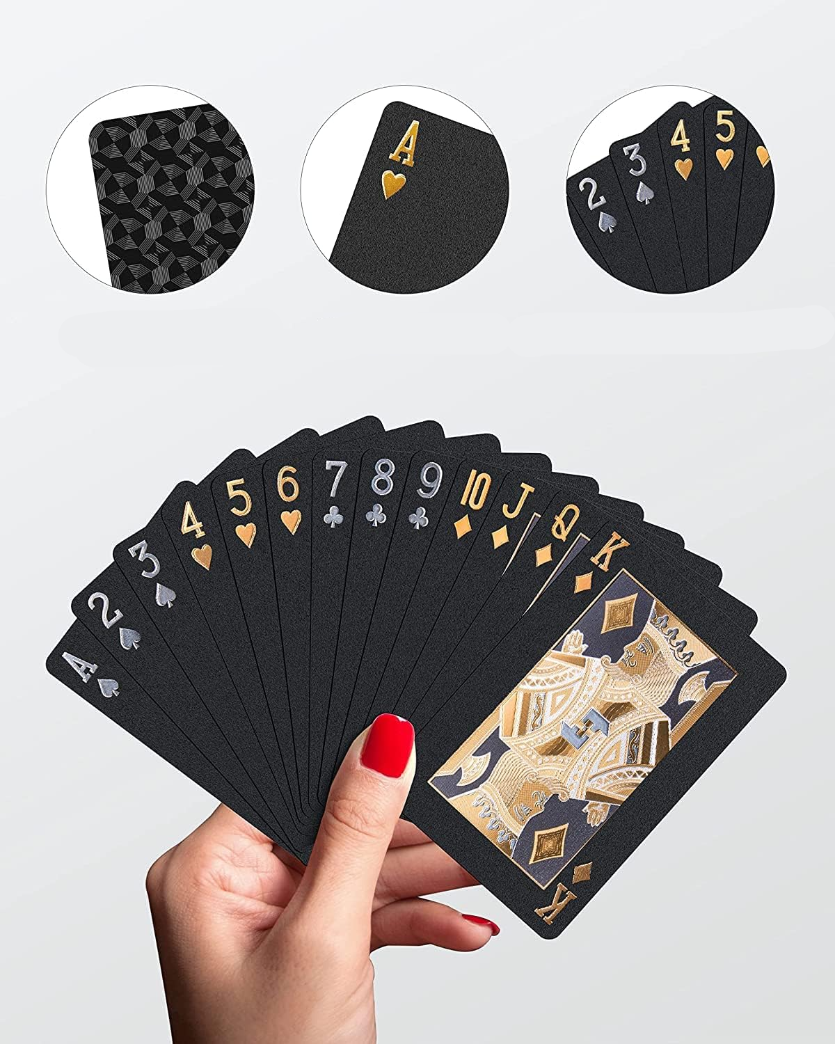 (54er Set) Elegantes Poker Karten Deck Wasserfestes Jasskarten Spiel - Schwarz / Gold / Silber