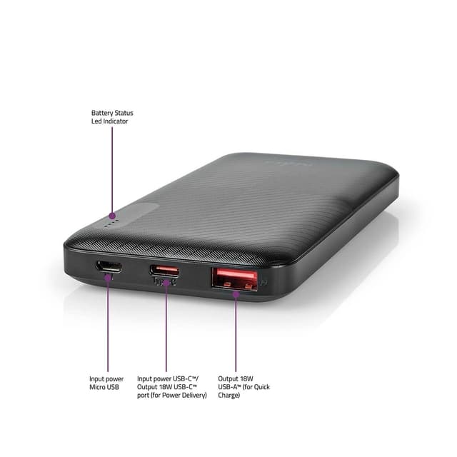 Nedis Powerbank | 10000 mAh | 1.5 / 2.0 / 3.0 A | Antal output: 2 | Output tilslutning: 1x USB-A / 1x USB-C™ | Input forbindels: 1x Micro USB / 1x USB-C™ | PD2.0 18W | Lithium-polymer