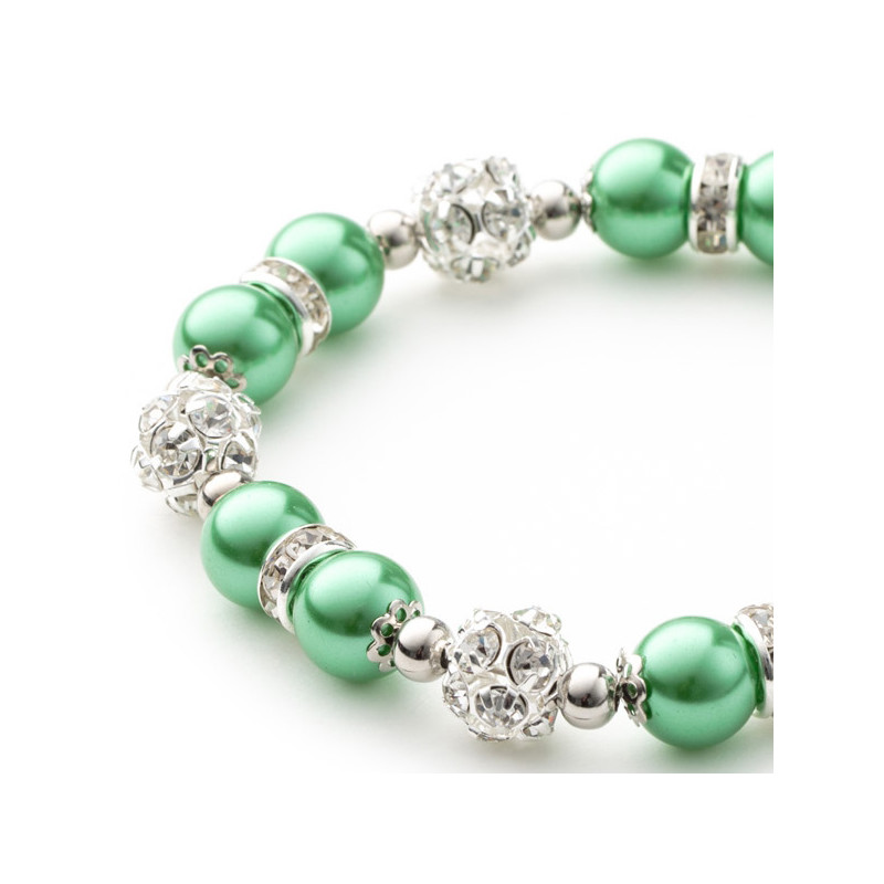 Bracelet 1 Rang en Perles Vertes, Cristal et Plaqué Rhodium