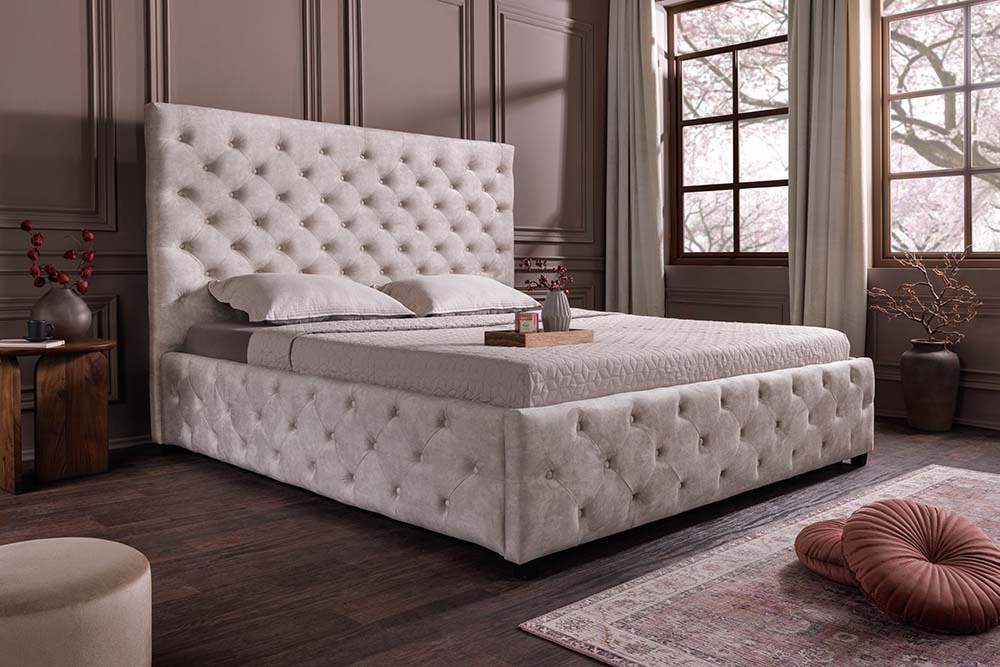 Design Boxbett PARIS 160x200cm champagner beige Samt mit Stauraum und Lattenrost