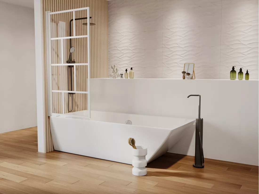 Pare baignoire pivotant style industriel - 70 x 140 cm - Blanc mat - Verre - RIVANON