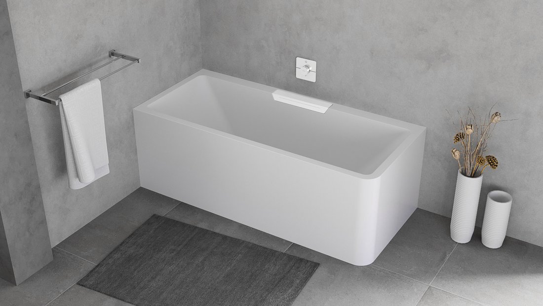Polysan Monolith Cascata links half vrijstaand bad met witte waterval uitloop 180x80cm