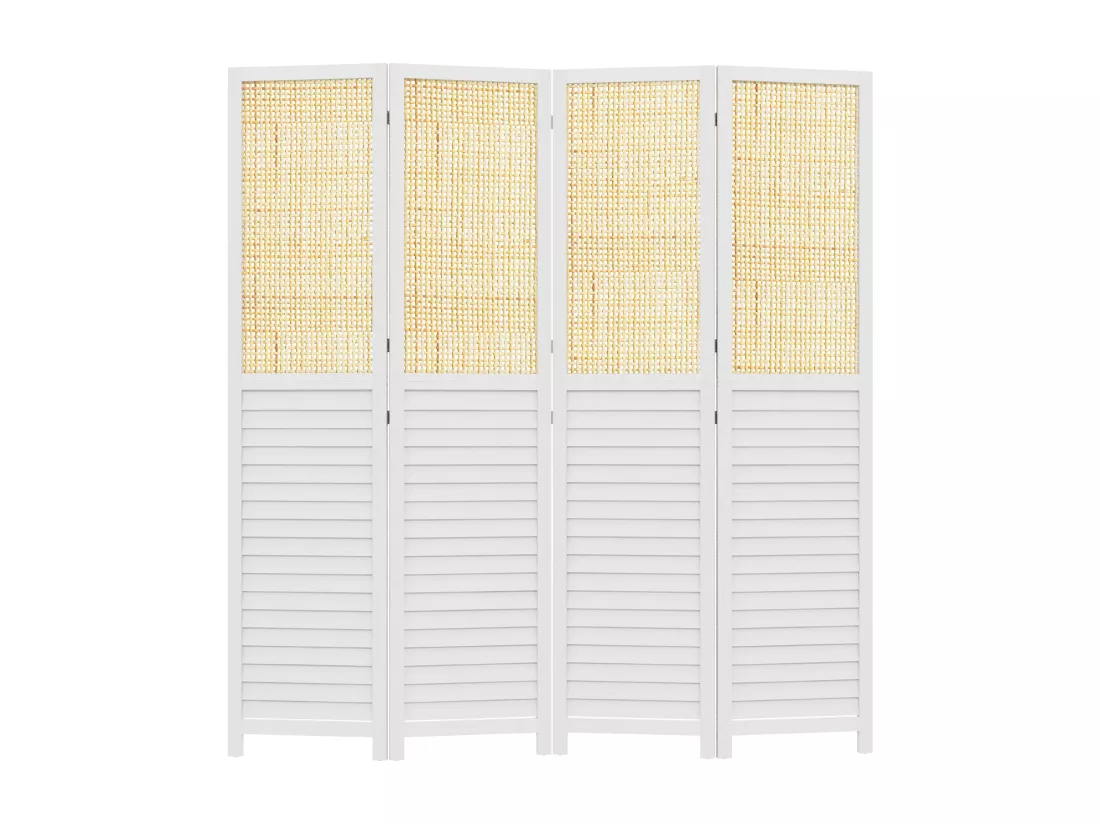 Paravent séparateur de pièce 4 panneaux pliables dim. 160L x 170H cm - bois blanc aspect rotin