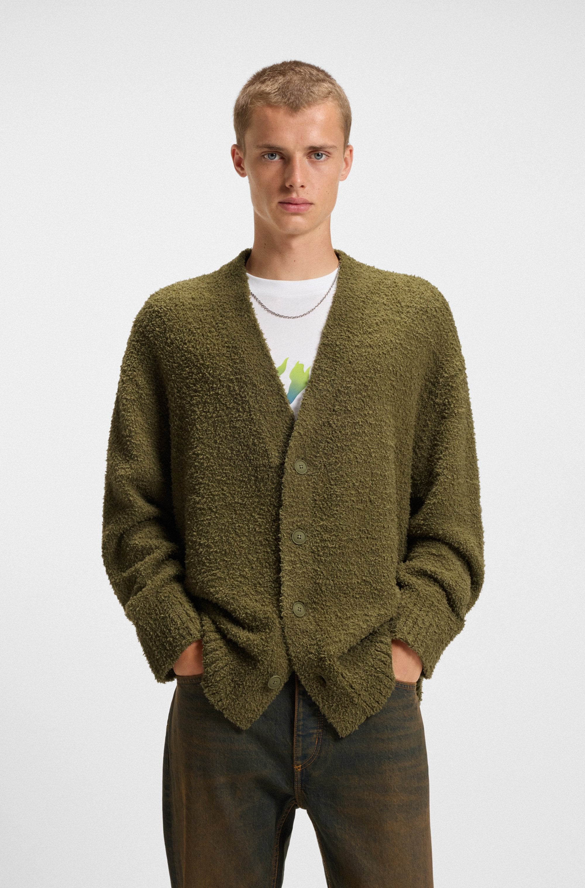 HUGO Blue Strickjacke »Sonou« V-Ausschnitt, Oversized fit, Bouclé-Strick