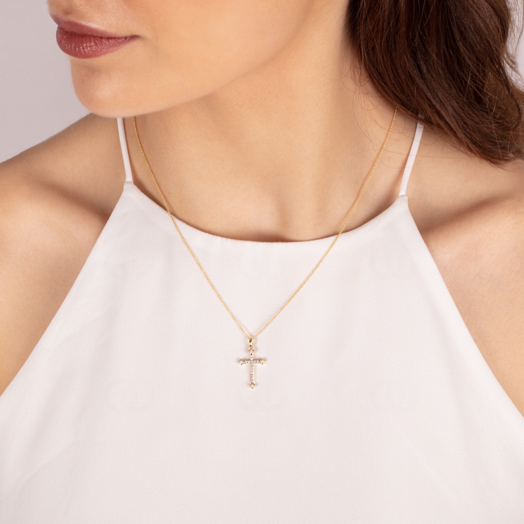 Anhänger 750/18 K Gelbgold Kreuz mit Diamanten 0.054 ct H/si