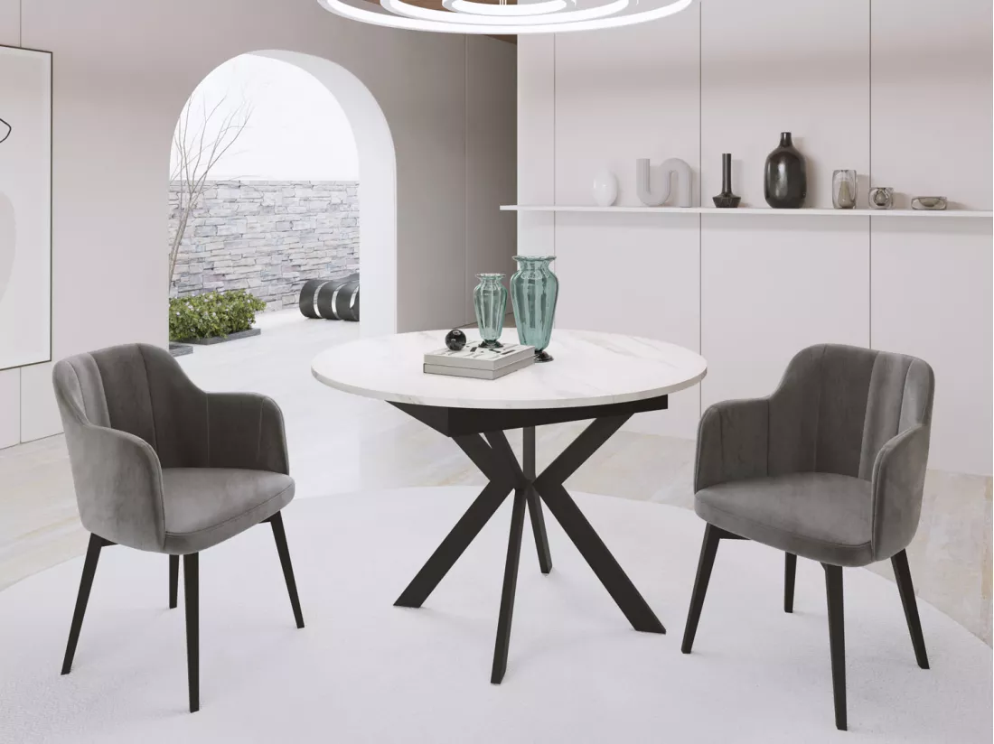 Table à Manger Extensible Ronde Avec Pieds En Métal Noir - Rangement Des Extensions à L'intérieur - Table Ronde Style Industriel Pour Salon Séjour - Gain De Palce -