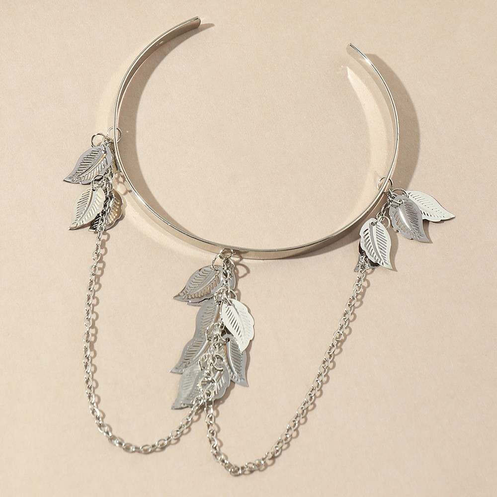 (Ø8cm) Metall Armreif Boho Körper Schmuck Oberarm Festival Accessoire Blätter - Silber
