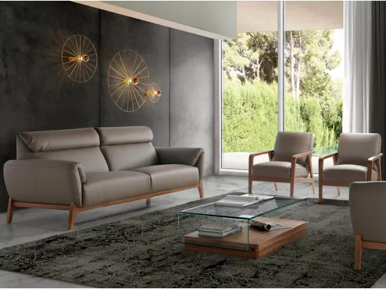 Canapé 2 places contemporain capitonné bois noyer et cuir Bima-Couleur Aqua 82 Taupe