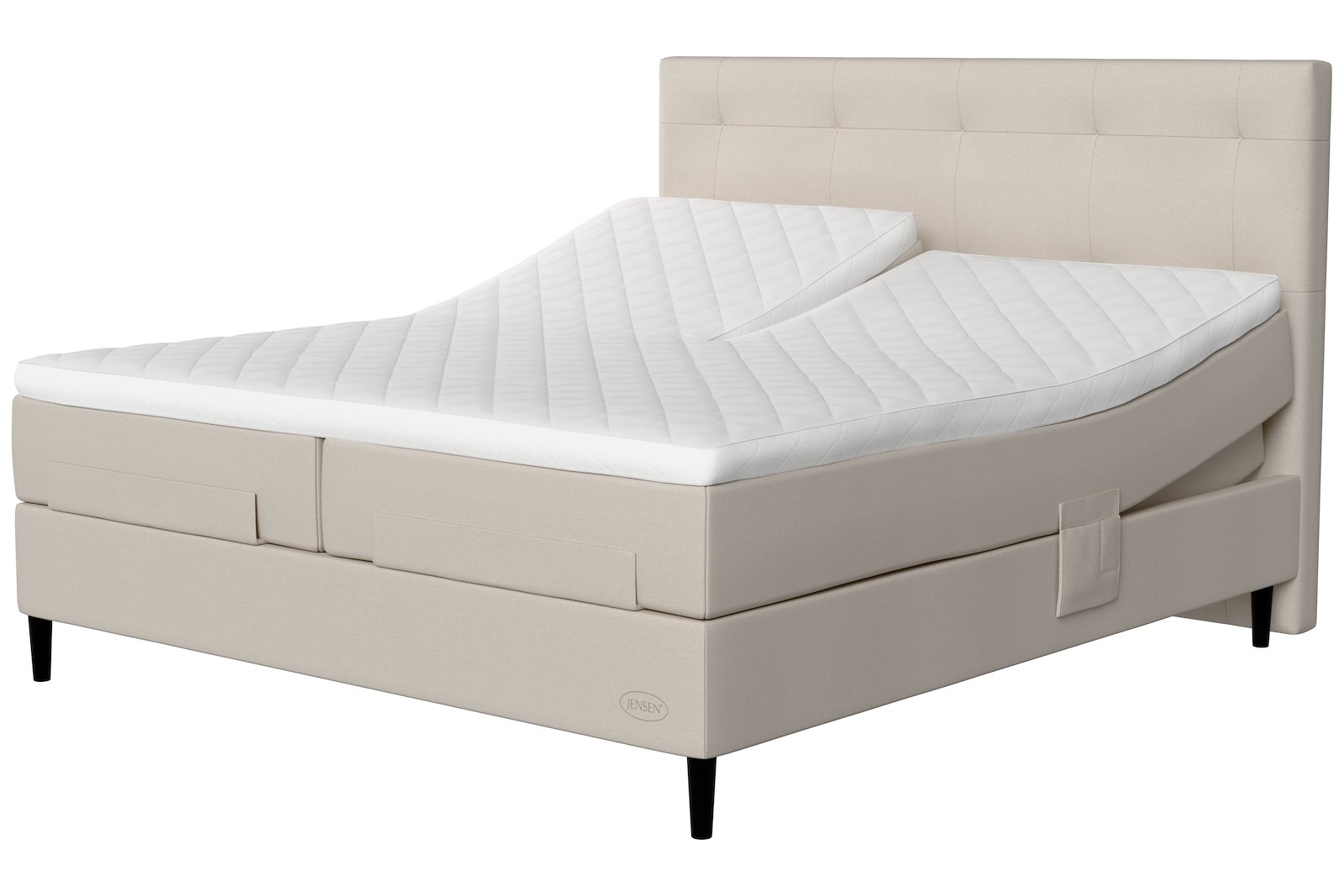 Opal Aqtive II regulerbar seng Tekstil 185 sand, fast, Tempsmart overmadrass og Conic 14 cm sorte ben