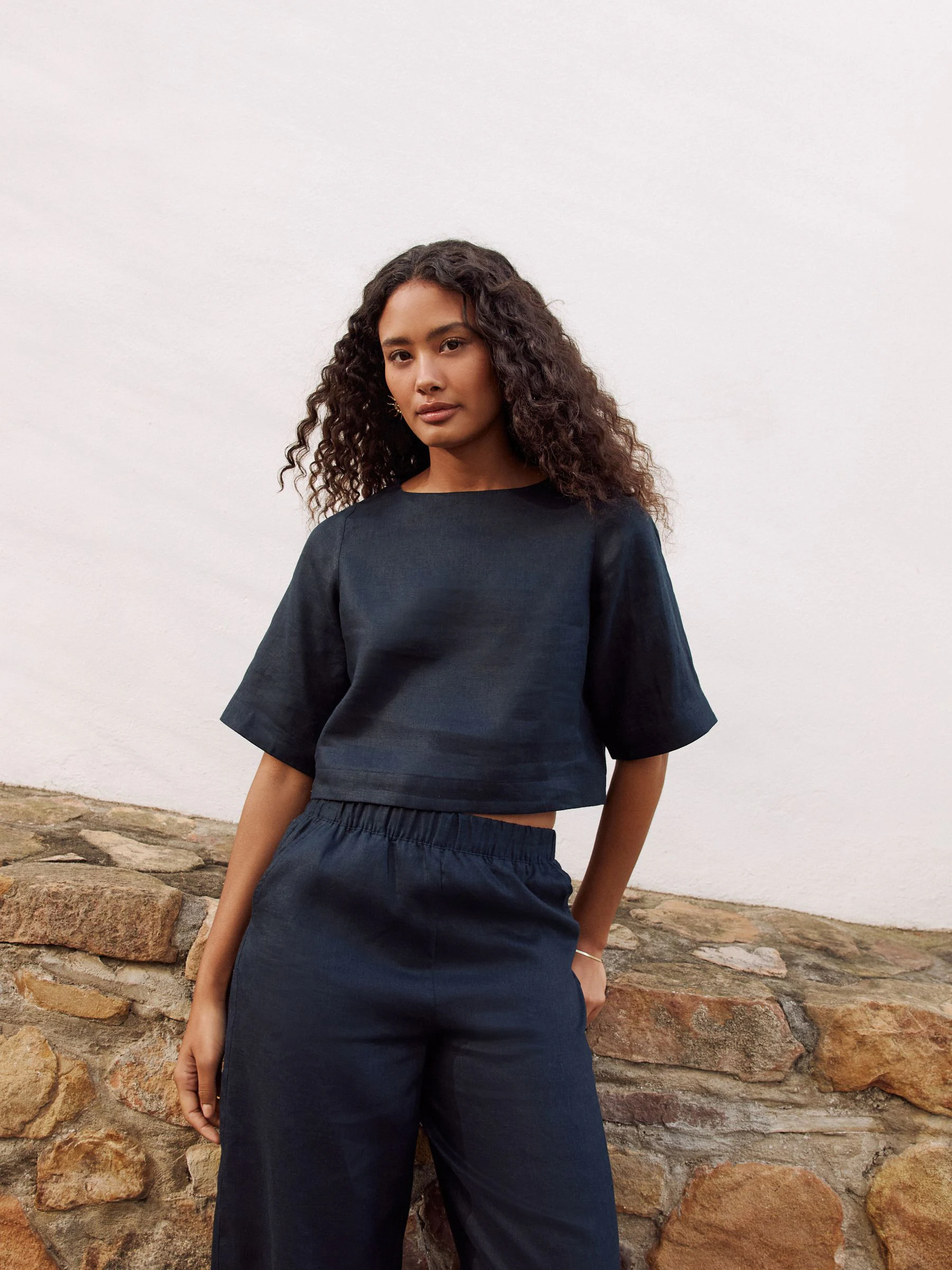 Marineblauw - 100% Linnen top met korte mouwen
