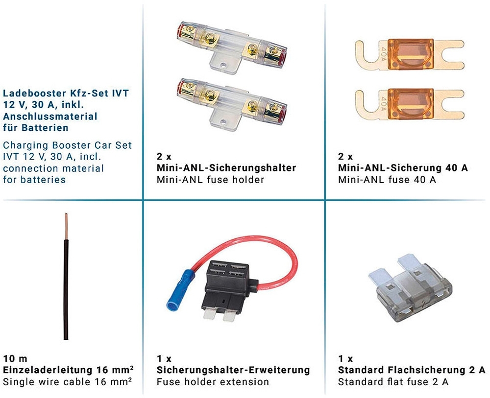 IVT Ladebooster / Ladespannungs-Booster 12 V / 30 A inklusive Kfz-Anschlussmaterial