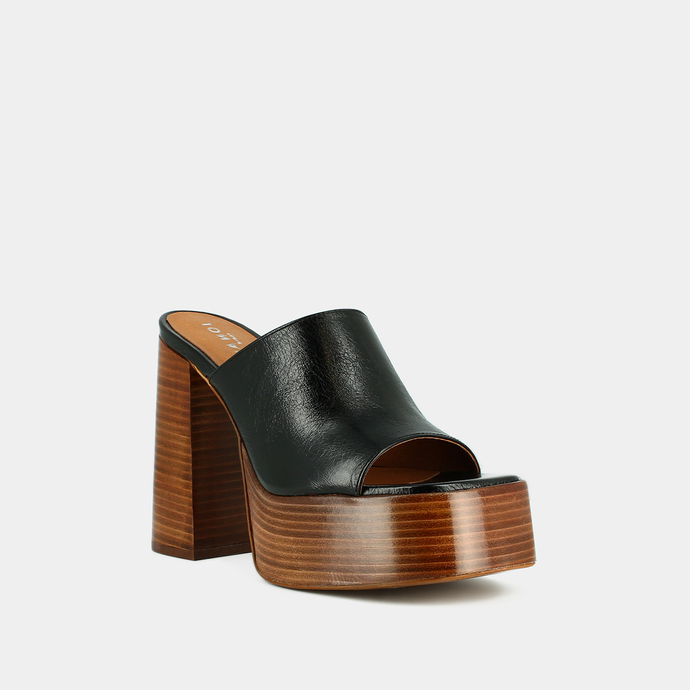Mules à talons et bouts ouverts  en cuir vieilli noir