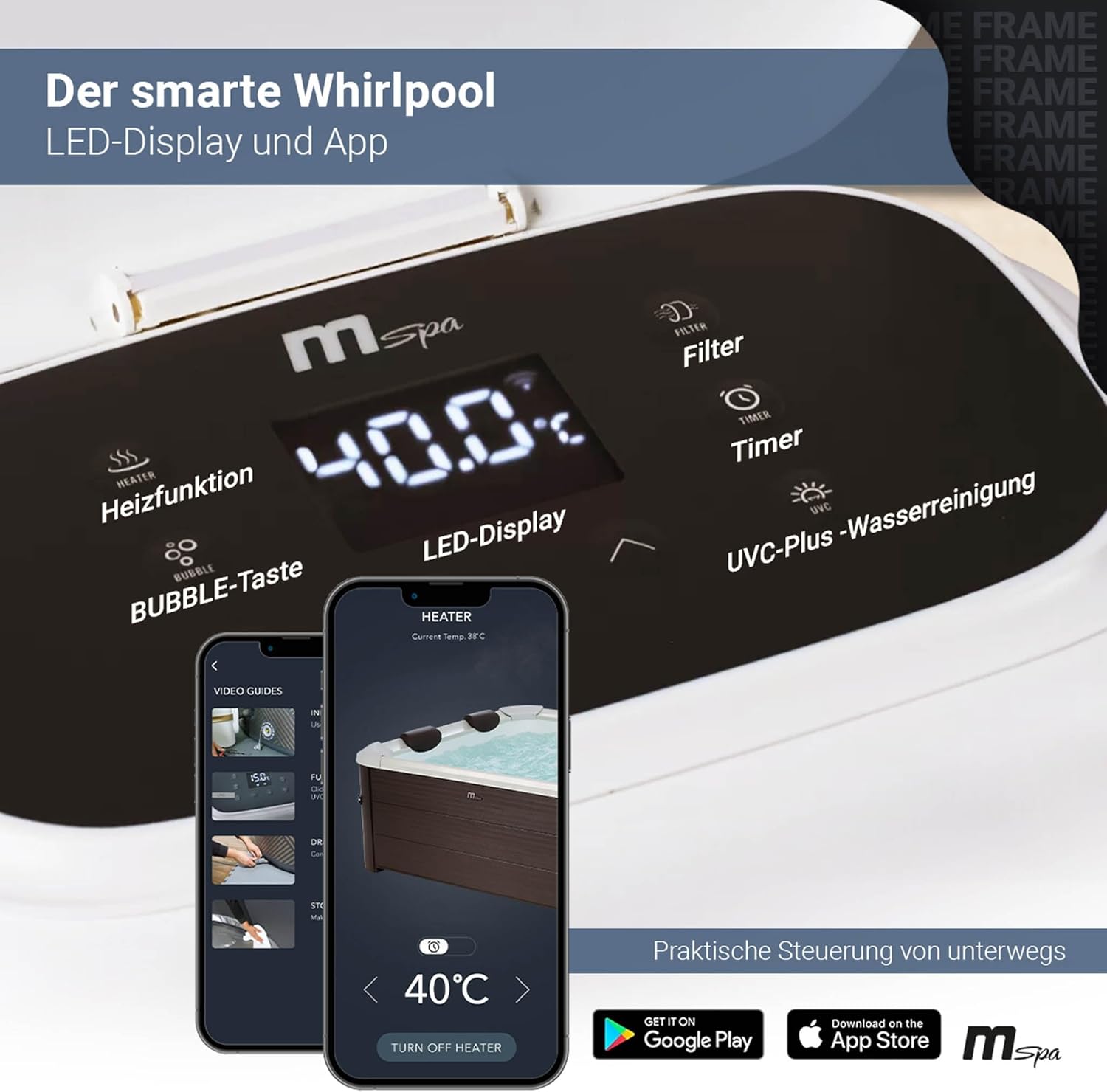 Miweba Whirlpool MSpa Tribeca mit Fester Außenwand | Pool mit App Steuerung | Spa für 6 Personen | 160x160x65cm | 120 Massagedüsen | Ganzjähriger Einsatz Winterfest | In & Outdoor Pool | Aufstellpool