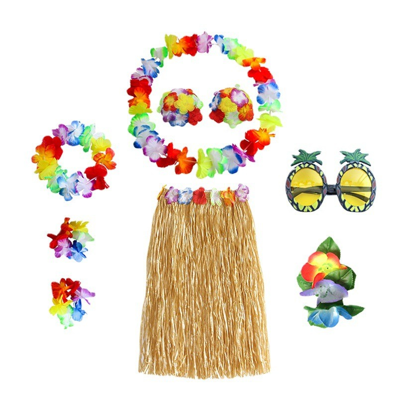 (8-tlg. Set) Fasnachts Erwachsenen Kostüm Hawaii Blumen Hula Rock Verkleidung für Sommer Motto Partys inkl. Brille - Gelb / Rot
