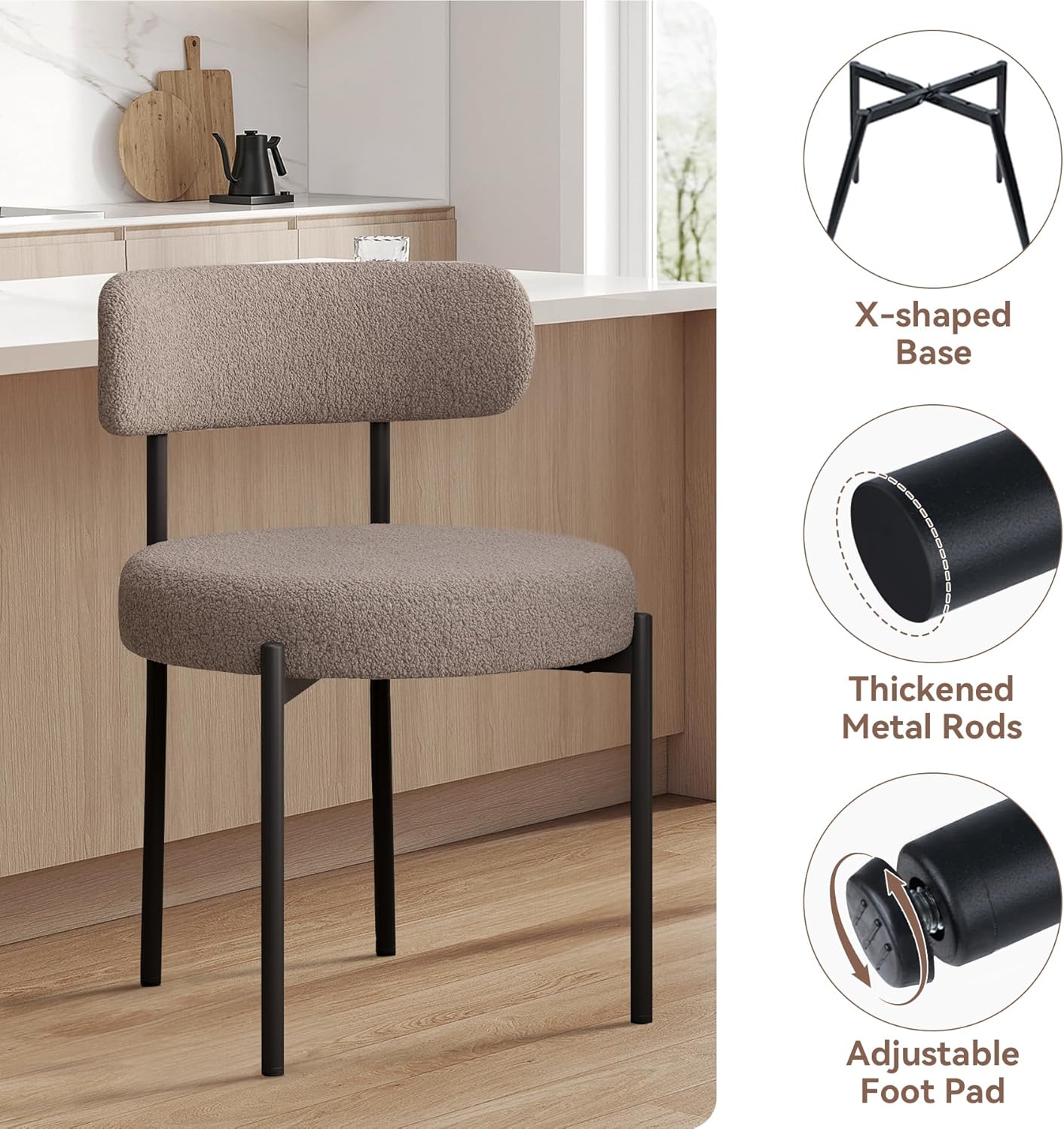 Esszimmerstühle 4er Set丨Teddy Stoff Runde Boucle Stühle·Mid-Century gepolsterte Küchenstühle·Dining Chairs mit Metallbeinen·Grau