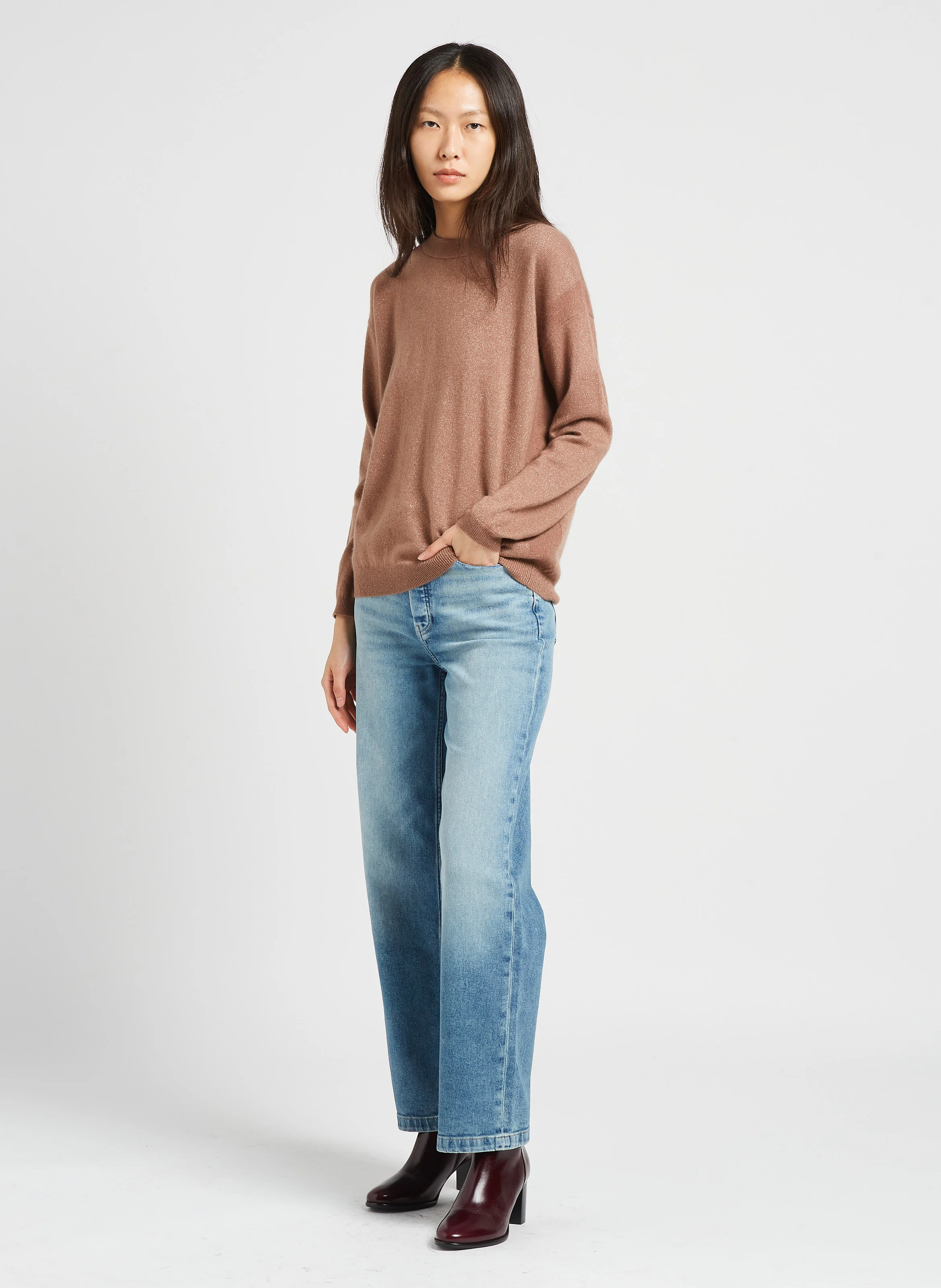Jean droit taille haute en coton mélangé | Bleu