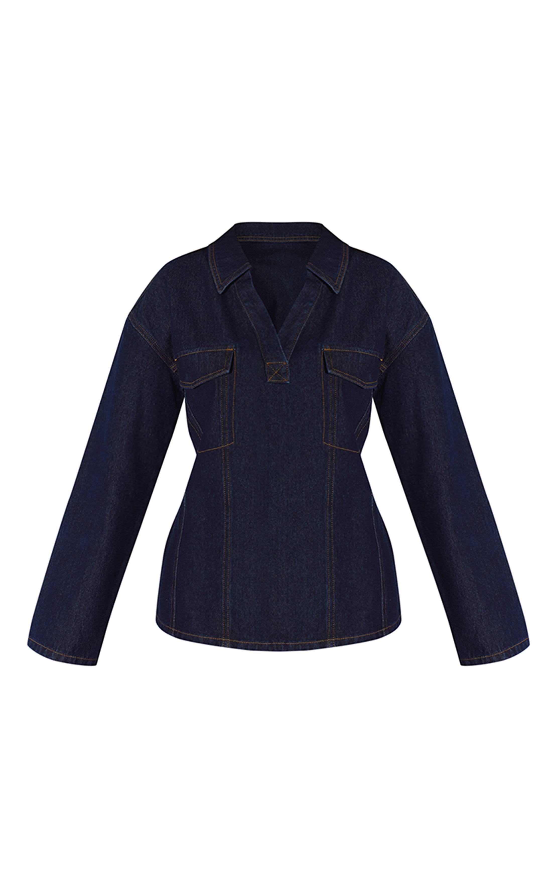 Bleu Indigo Chemise Rugby En Denim Avec Détails De Coutures