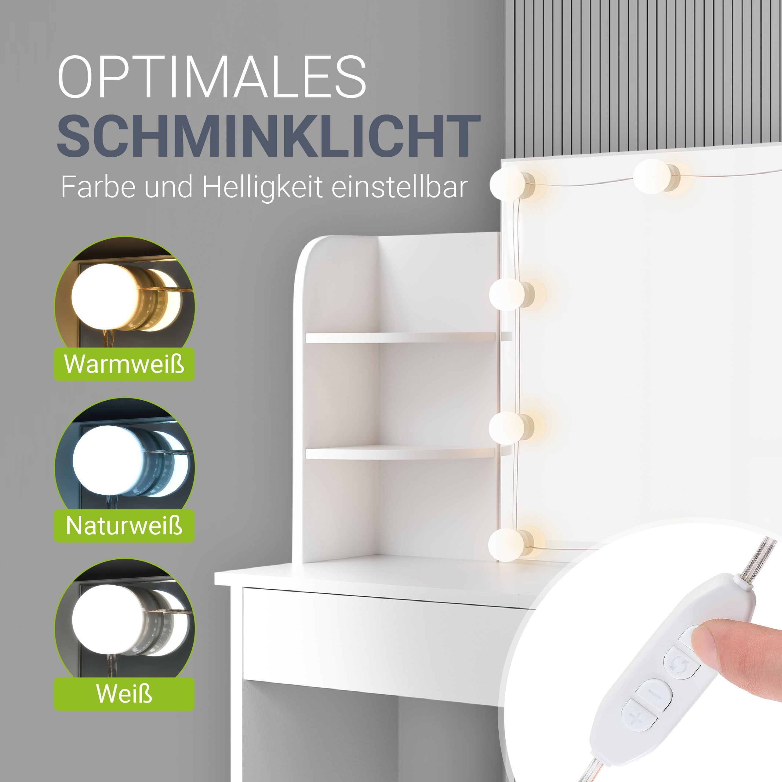 Juskys Schminktisch Bella mit LED & Hocker Tonia rund, höhenverstellbar - Spiegel & Stauraum - Weiß