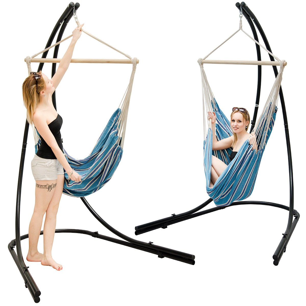 Freistehendes Stahl-Hängestuhlgestell 210cm inkl. XXL Hängesessel aus Baumwolle mit Swivel 185x130cm