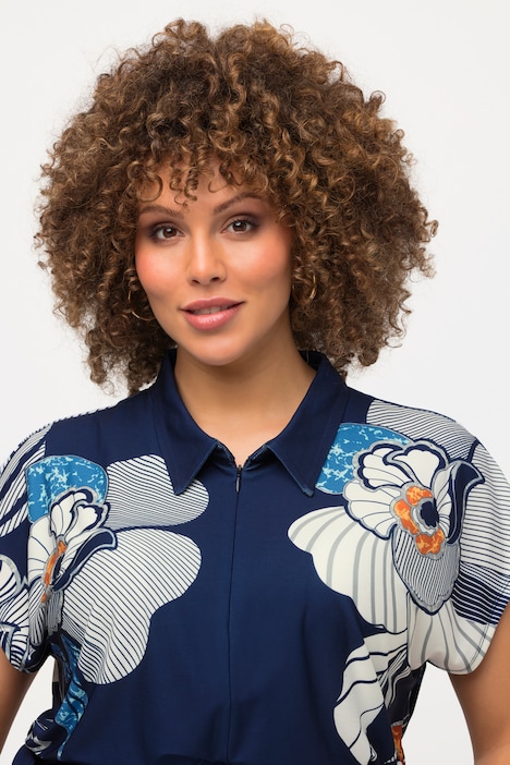 Jerseykleid, Blüten, Tunnelzug, Hemdkragen, Halbarm
