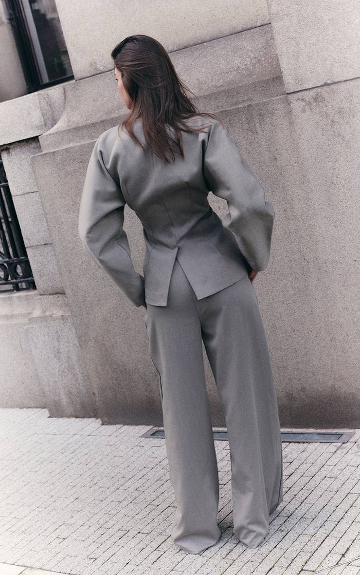 Gris Clair Blazer Ajusté Sans Col En Tissu Tissé Premium Avec Ensemble Coordonné