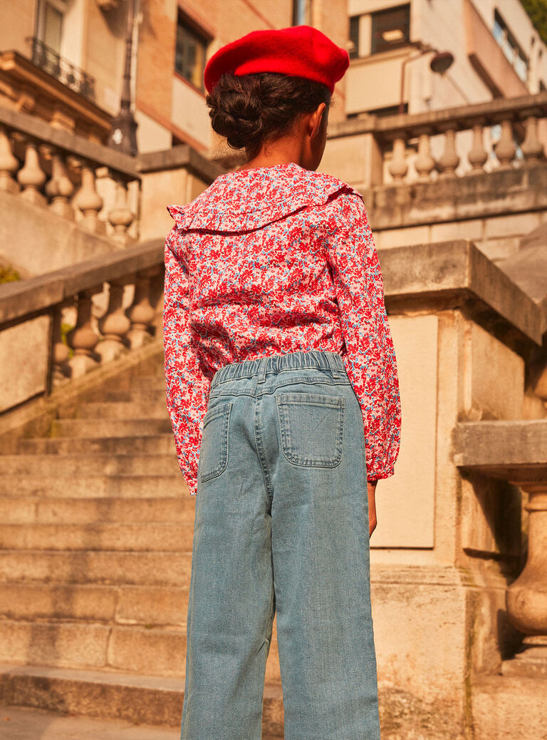 Chemisier rose, rouge et lilas à imprimé fleuri en twill gratté