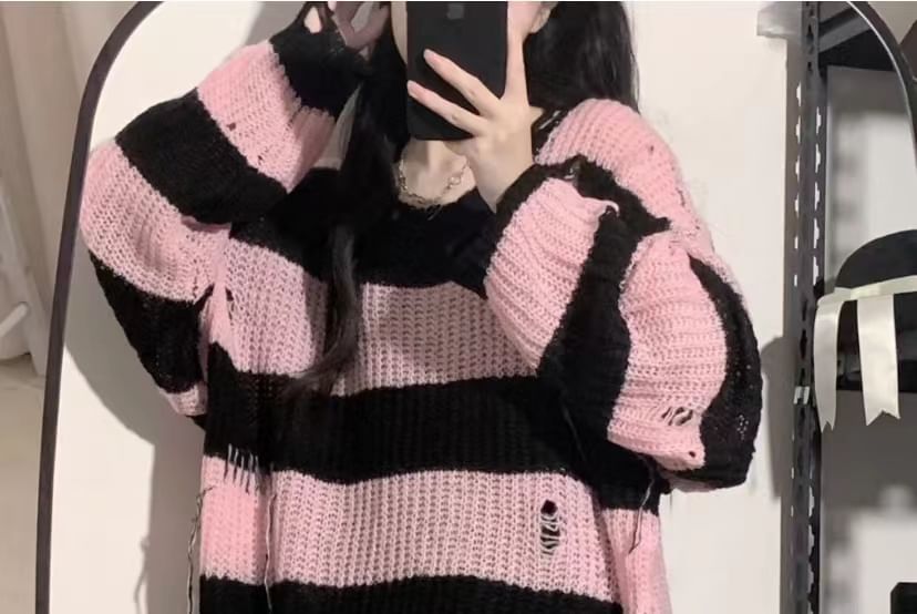 Porstina - Gestreepte, oversized trui met distressed effect