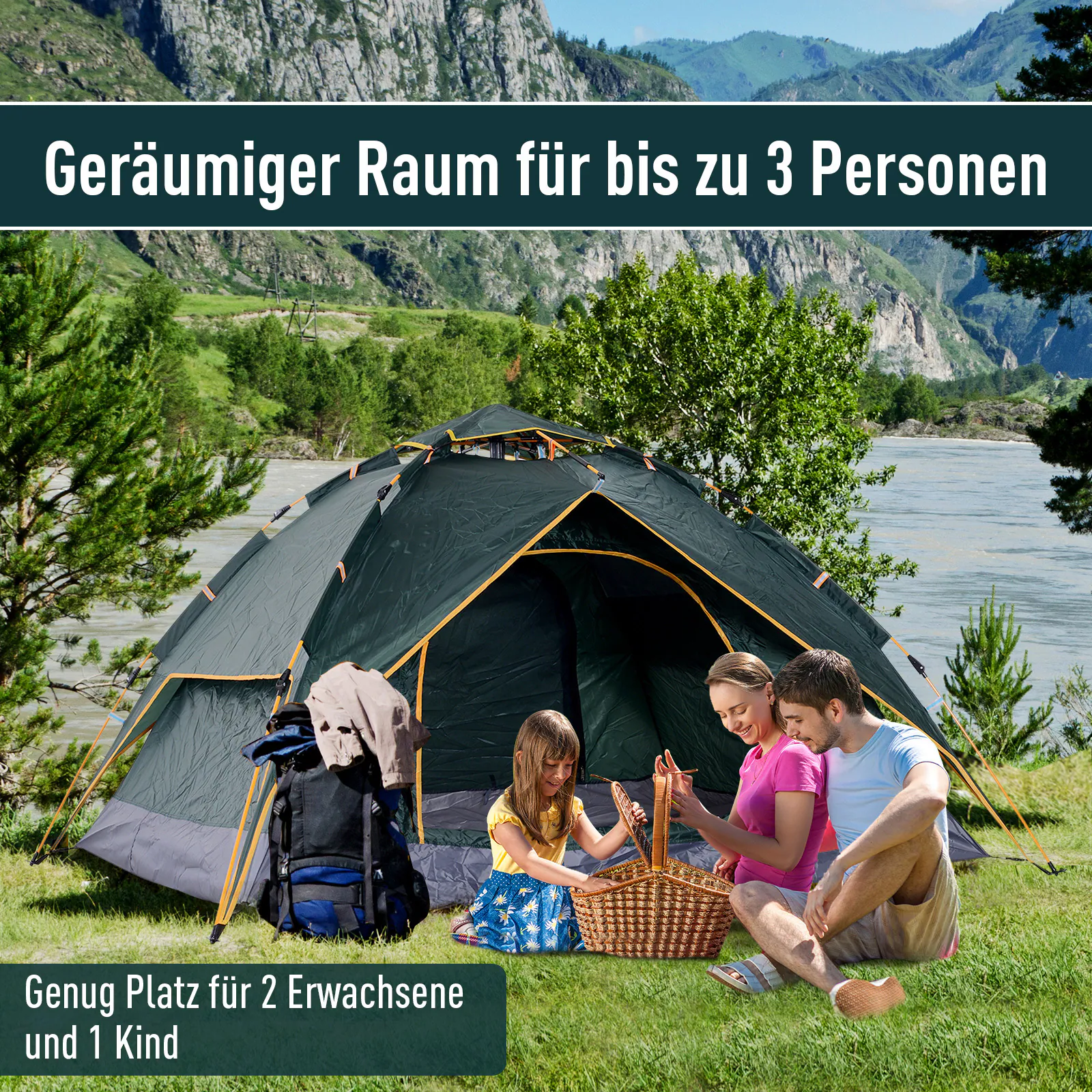 Outsunny Quick-Up-Zelt für 2 Personen + 1 Kind dunkelgrün 210 x 210 x 140 cm (LxBxH)