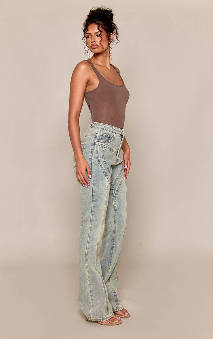 Délavage Vintage Jean Droit Jambes Longues Détail Coutures