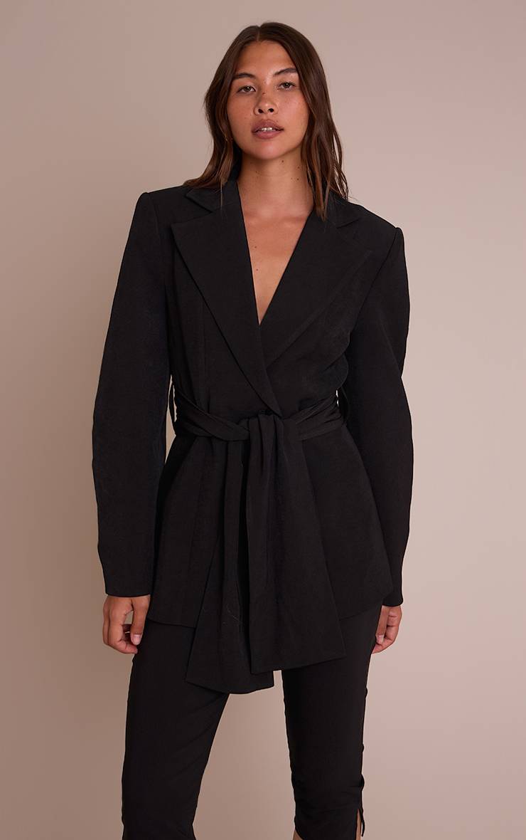 Noir Blazer Ceinturé Taille Froncée À Enroulement