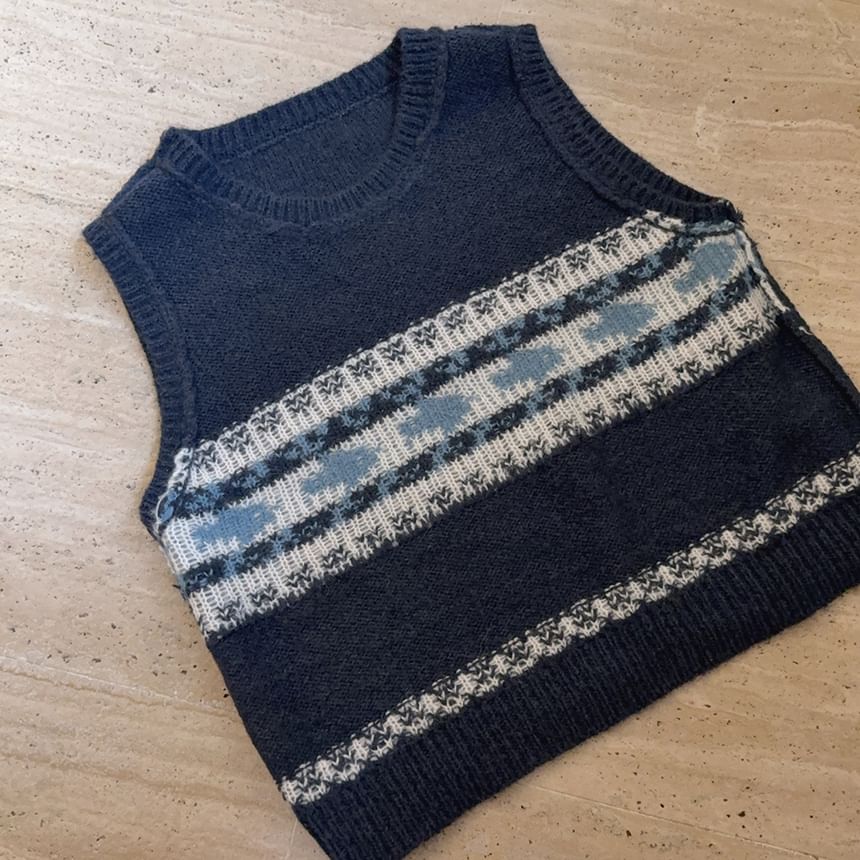 Glotto - Gebreid vest met ronde hals en visjacquardmotief