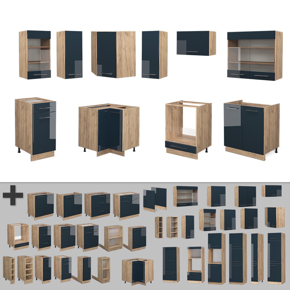 Vicco Eckküche Fame-Line Eiche Dunkelblau Hochglanz 160 x 190 cm ohne Arbeitsplatte