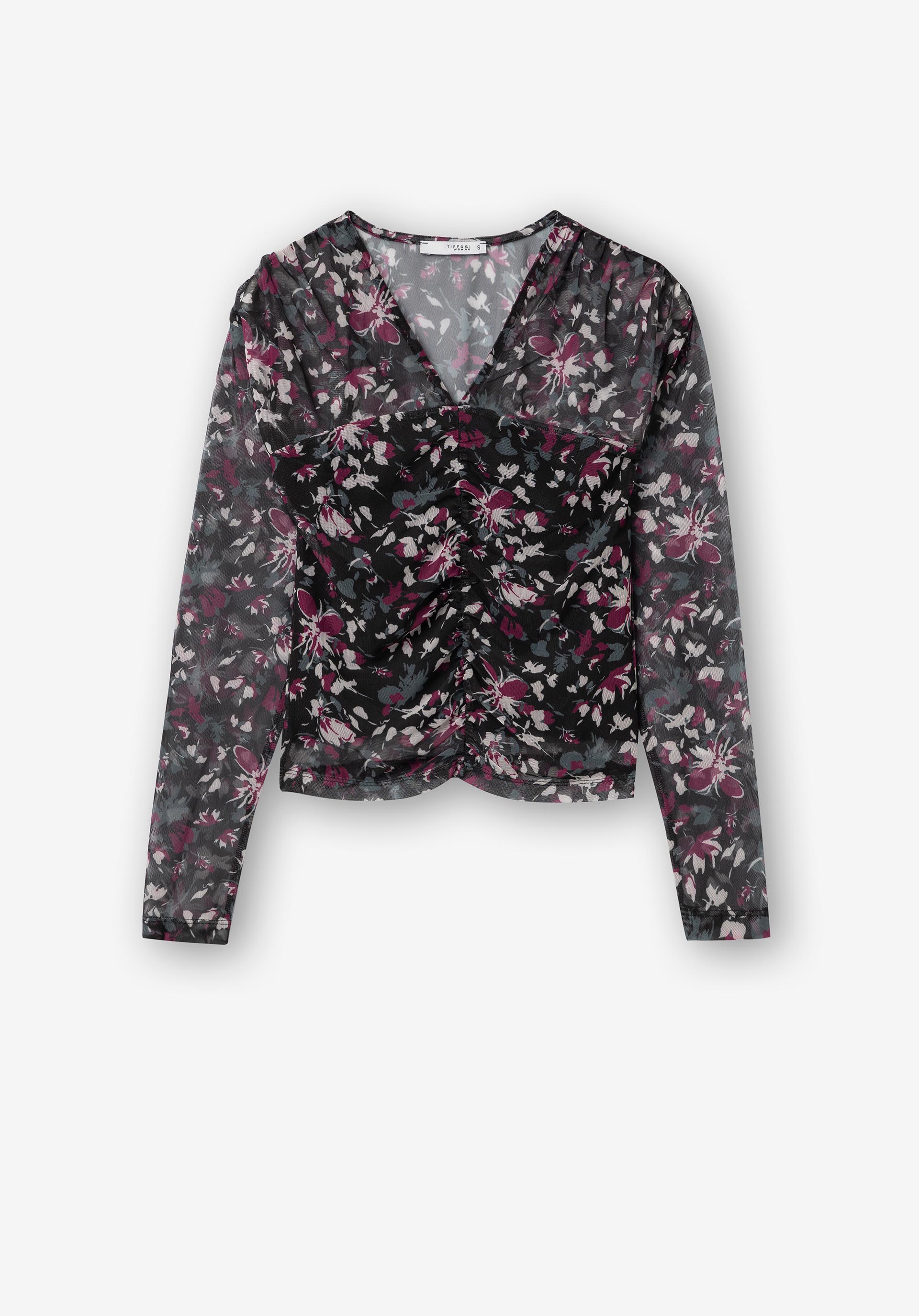 T-shirt Mesh Estampada com Franzidos