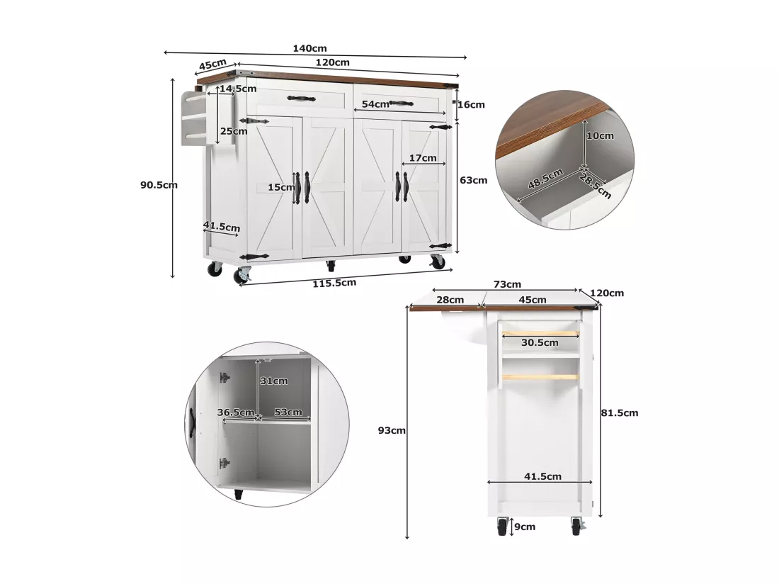 Ilot central de cuisine - avec plateau escamotable - 4 portes et 2 tiroirs - Beige