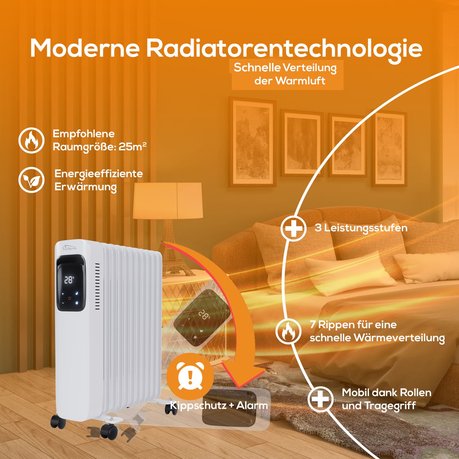 TroniTechnik® Ölradiator Elektroheizung TT-OR 311 in Weiß mit 11 Rippen und 1 2500 Watt, drei Heizstufen (1000W, 1500W, 2500W)