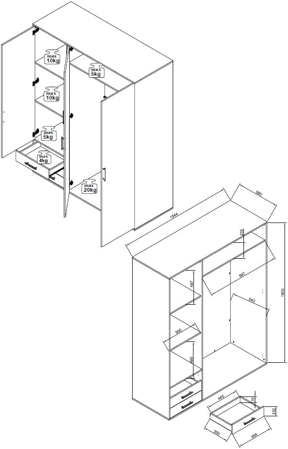 Stella Trading LYSS Kleiderschrank weiß mit Schubladen - Vielseitiger Schlafzimmerschrank 3-türig in Weiß, Eiche San Remo Nachbildung - 155x 194 x 58 cm (B/H/T)